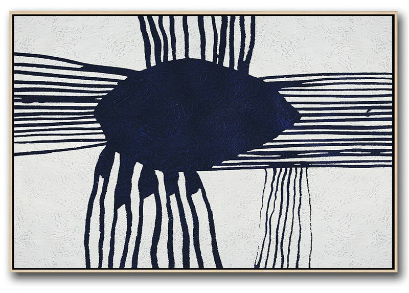 Huge Canvas Art On Canvas,Horizontal Abstract Painting Navy Blue Minimalist Painting On Canvas,Big Canvas Painting